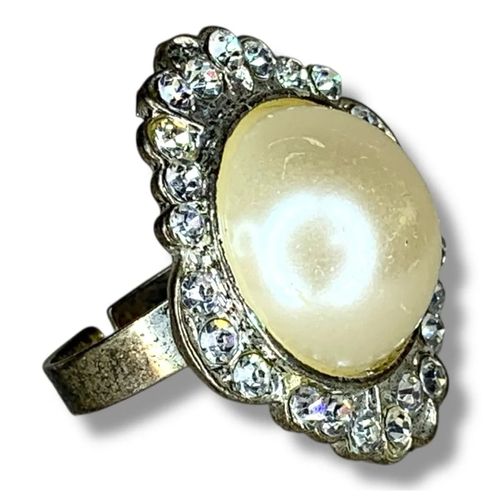 Vintage Adjustable Cocktail Ring Silver Faux Pearl Rhinestones